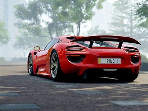 Превью обои porsche 918, porsche, спорткар, вид сбоку, красный