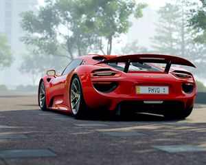 Превью обои porsche 918, porsche, спорткар, вид сбоку, красный