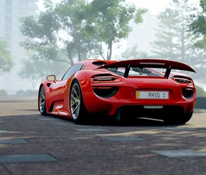 Превью обои porsche 918, porsche, спорткар, вид сбоку, красный