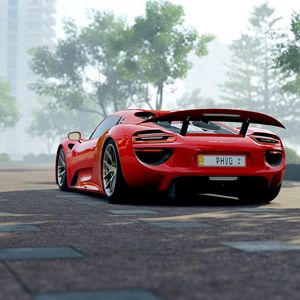 Превью обои porsche 918, porsche, спорткар, вид сбоку, красный