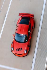Превью обои porsche, автомобиль, красный, трасса, вид сверху