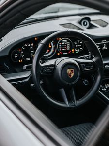 Превью обои porsche, автомобиль, серый, руль, управление, салон