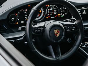 Превью обои porsche, автомобиль, серый, руль, управление, салон