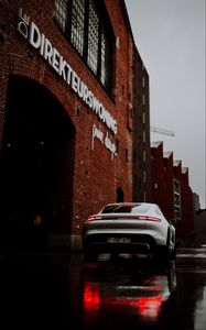 Превью обои porsche, автомобиль, спорткар, серый, вид сзади