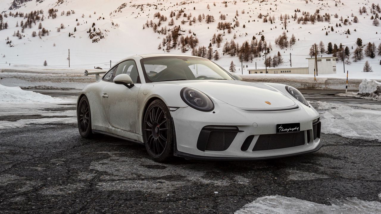 Обои porsche, автомобиль, спорткар, белый, снег, горы