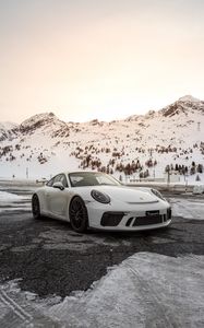 Превью обои porsche, автомобиль, спорткар, белый, снег, горы