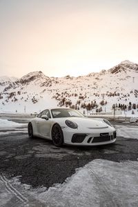 Превью обои porsche, автомобиль, спорткар, белый, снег, горы