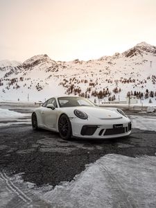 Превью обои porsche, автомобиль, спорткар, белый, снег, горы