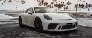 Превью обои porsche, автомобиль, спорткар, белый, снег, горы