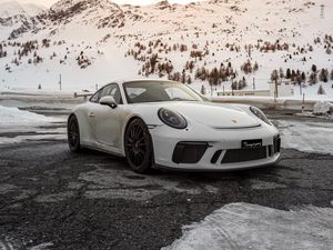 Превью обои porsche, автомобиль, спорткар, белый, снег, горы