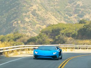 Превью обои porsche, автомобиль, вид спереди, синий, дорога