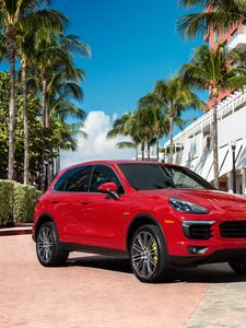 Превью обои porsche cayenne, porsche, красный, вид сбоку, пальмы