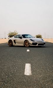 Превью обои porsche cayman, porsche, автомобиль, серый, дорога