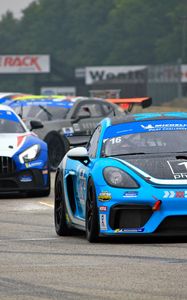 Превью обои porsche cayman, porsche, автомобиль, синий, гонки