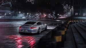 Превью обои porsche cayman s, porsche, машина, серый, ночь, дождь