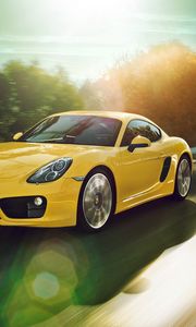 Превью обои porsche cayman, желтый, движение, дорога, поворот