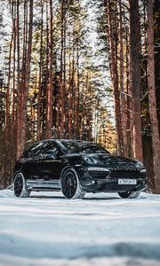 Превью обои porsche, машина, черный, вид сбоку, лес, снег