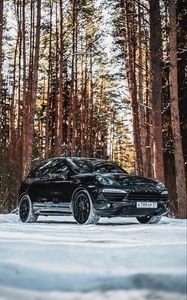 Превью обои porsche, машина, черный, вид сбоку, лес, снег