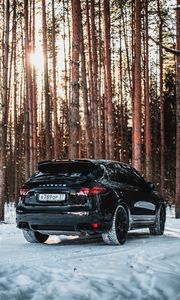 Превью обои porsche, машина, черный, снег