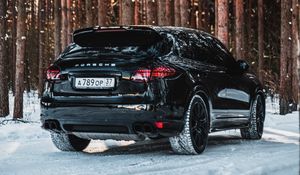 Превью обои porsche, машина, черный, снег