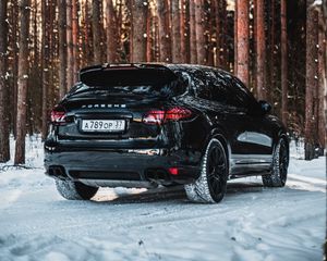 Превью обои porsche, машина, черный, снег