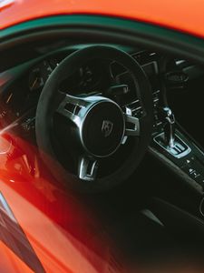 Превью обои porsche, машина, спорткар, красный, руль