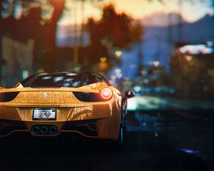 Превью обои porsche, спорткар, желтый, вид сзади, свет, мокрый