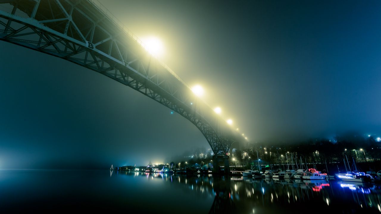 Обои порт, туман, мост, ночной город