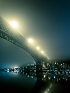 Превью обои порт, туман, мост, ночной город