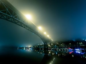 Превью обои порт, туман, мост, ночной город