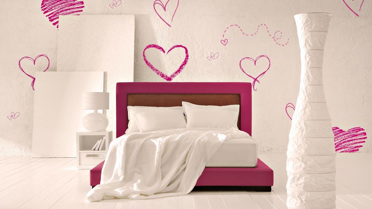 Обои постель, комната, романтика, сердце, дизайн