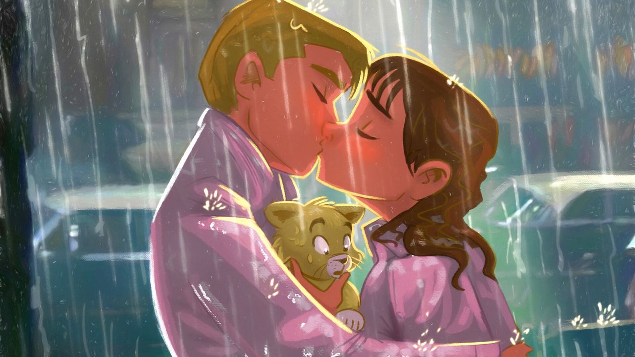 Обои поцелуй, пара, арт, любовь, котенок, дождь