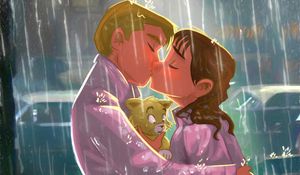 Превью обои поцелуй, пара, арт, любовь, котенок, дождь