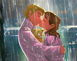 Превью обои поцелуй, пара, арт, любовь, котенок, дождь