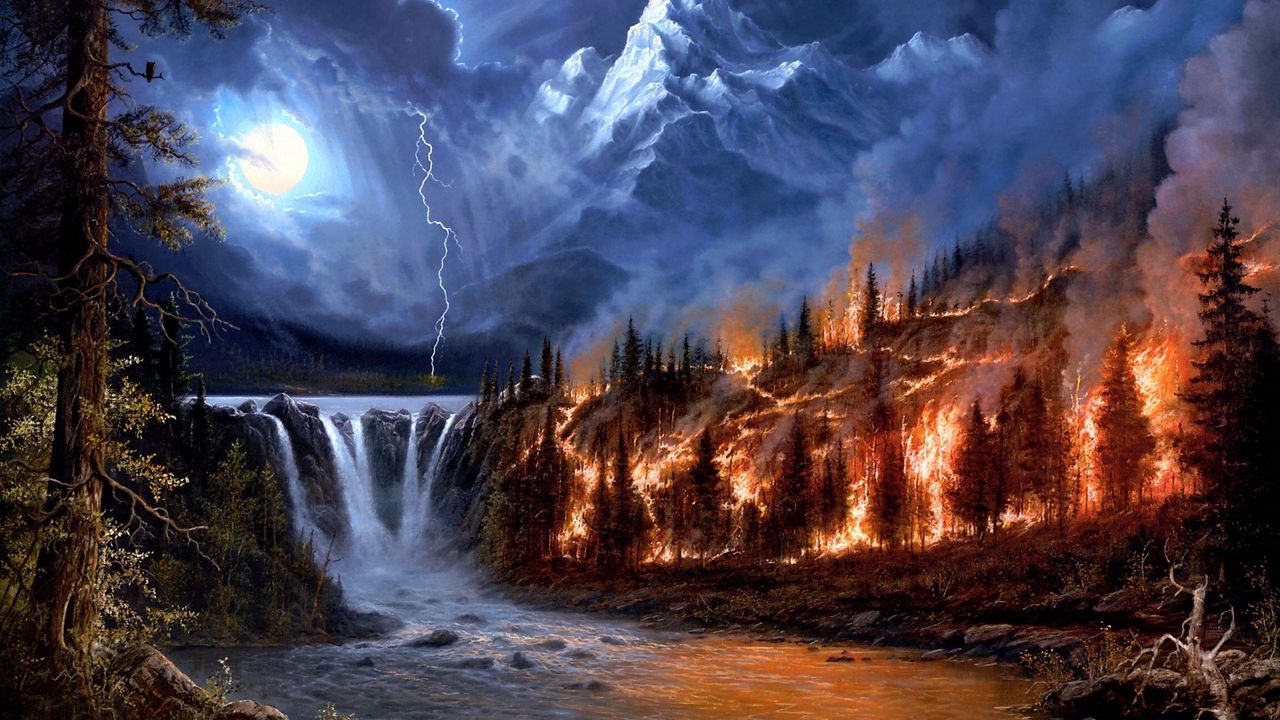 Обои пожар, молния, луна, ночь, лес, горы, водопады, дерев