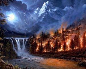 Превью обои пожар, молния, луна, ночь, лес, горы, водопады, дерев