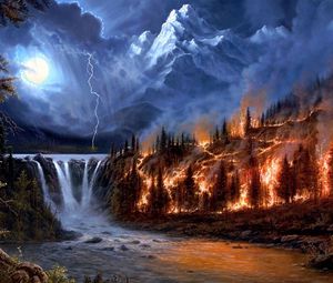 Превью обои пожар, молния, луна, ночь, лес, горы, водопады, дерев