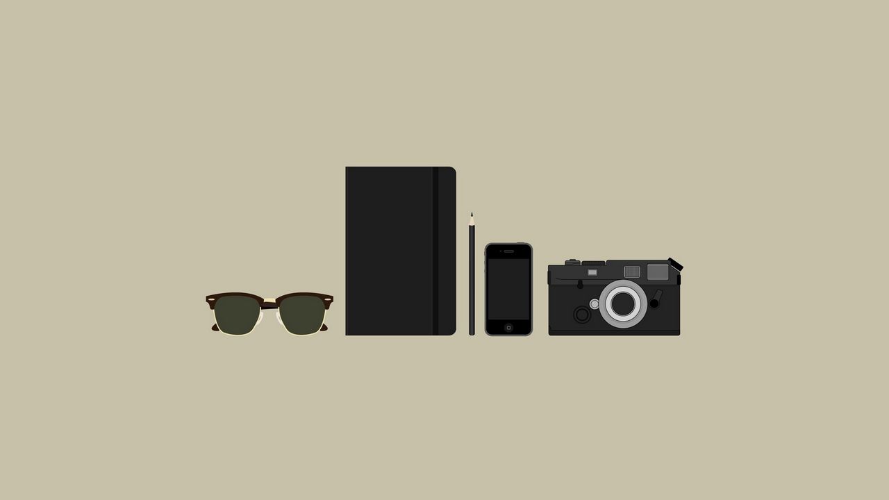 Обои предметы, фотоаппарат, очки, портмоне, телефон, минимализм