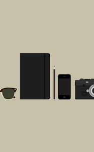 Превью обои предметы, фотоаппарат, очки, портмоне, телефон, минимализм
