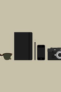 Превью обои предметы, фотоаппарат, очки, портмоне, телефон, минимализм