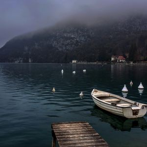 Превью обои пристань, лодка, море, природа