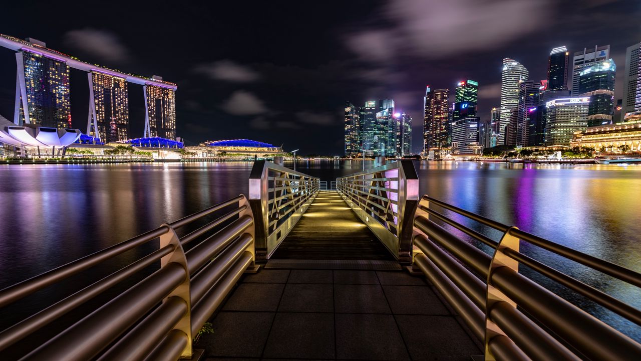 Обои пристань, ночной город, берег, огни города, сингапур