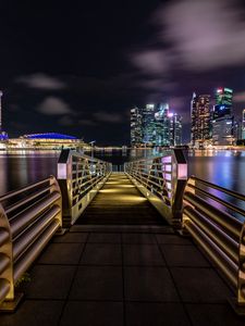 Превью обои пристань, ночной город, берег, огни города, сингапур