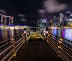 Превью обои пристань, ночной город, берег, огни города, сингапур