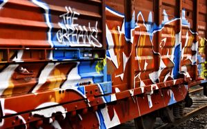 Превью обои прицеп, вагон, граффити, разноцветный, металл