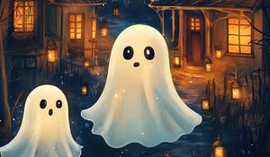 Превью обои привидения, здания, арт, огни