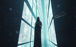 Превью обои призрак, силуэт, коридор, свечение, темный
