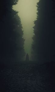 Превью обои призрак, силуэт, плащ, лес, деревья, темный