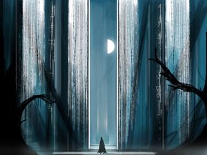 Превью обои призрак, силуэт, ворота, луна, арт