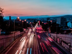 Превью обои проспект, город, движение, вечер, огни, длинная выдержка